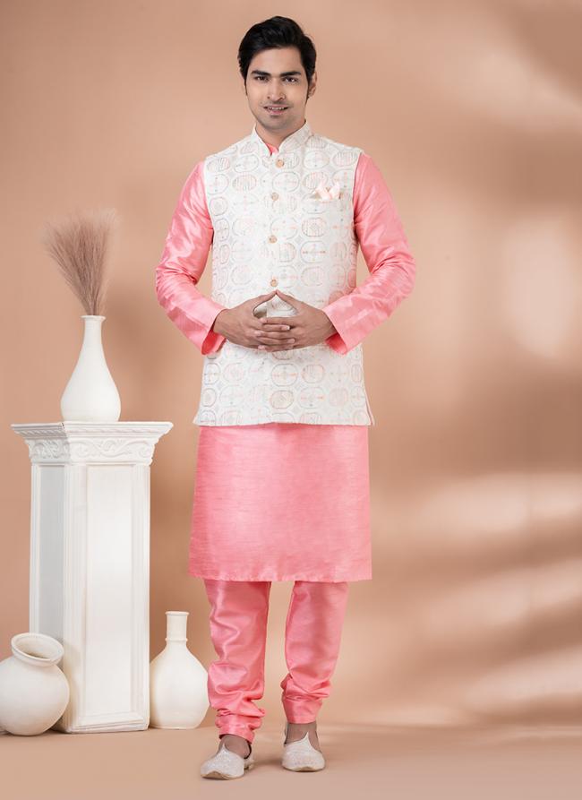 Silk Pink Wedding Wear Embroidery Work Readymade Modi Jacket Kurta Pajama